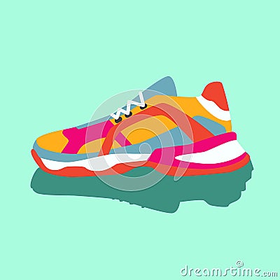 Colorful bright yellow pink blue orange sneakers. Vector flat illustration. Simple illustration of fitness and sport, gym shoe Vector Illustration